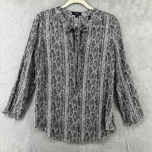 Theory Top L Black Silk Kimry Snake Print Pullover V-Neck Tie Keyhole 3/4 Sleeve